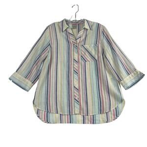 Chicos No-Iron Linen Striped Shirt White Blue Pink Yellow Womens 1 Medium